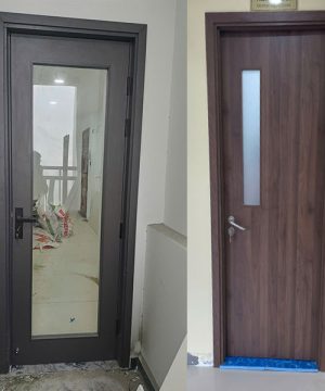 Cửa gỗ MDF sơn xám có ô kính