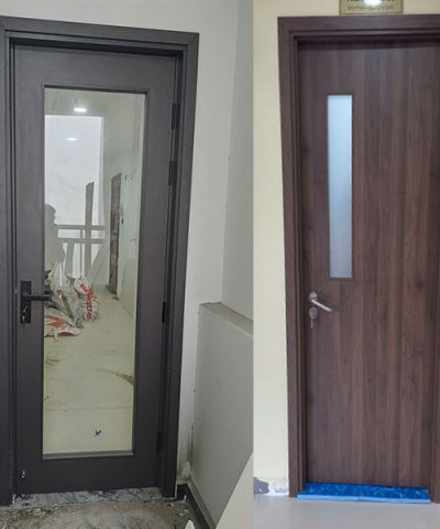 Cửa gỗ MDF sơn xám có ô kính