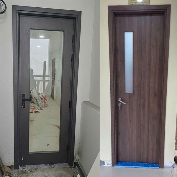 Cửa gỗ MDF sơn xám có ô kính