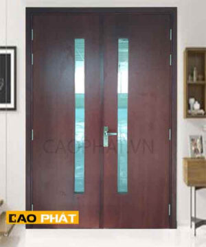 Cửa gỗ MDF veneer 2 cánh có ô kính